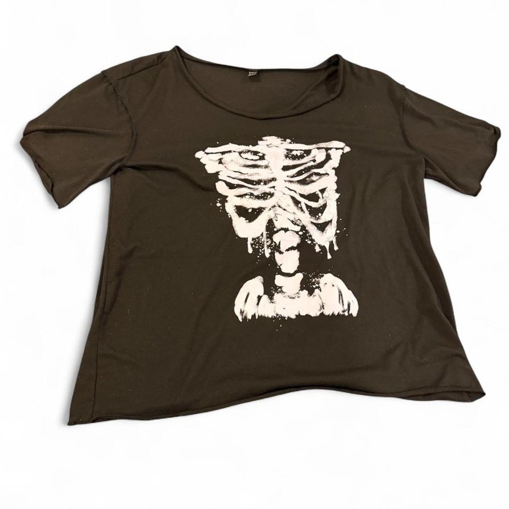 Women Black Skeleton Graphic Tee Short Sleeve Scoop Neck Raw Hem XL